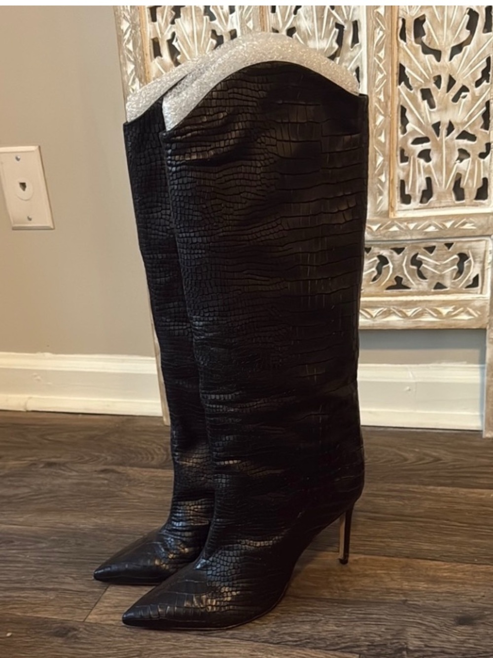 SCHUTZ Maryana Black Croc-Embossed Knee-High Pointed Stiletto Boots size 11 EUC - Picture 3 of 4